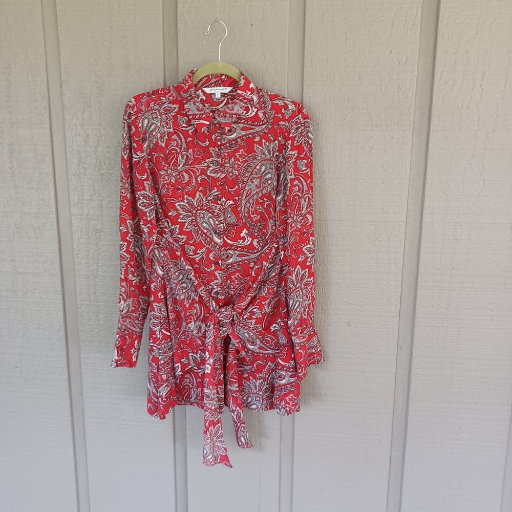 Foxcroft Women Serena Paisley Tie Front Tunic Top Size 10 Long Sleeve Buttons